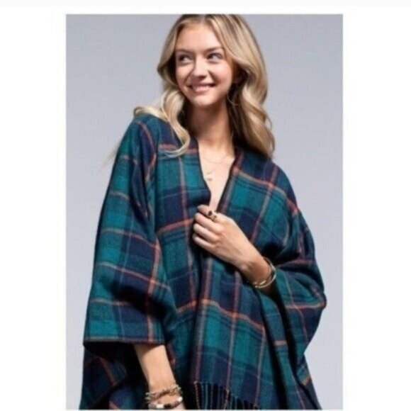 BUFFALO PLAID TEAL RUANA PONCHO-NEW-ONE SIZE-NEW - Picture 4 of 6